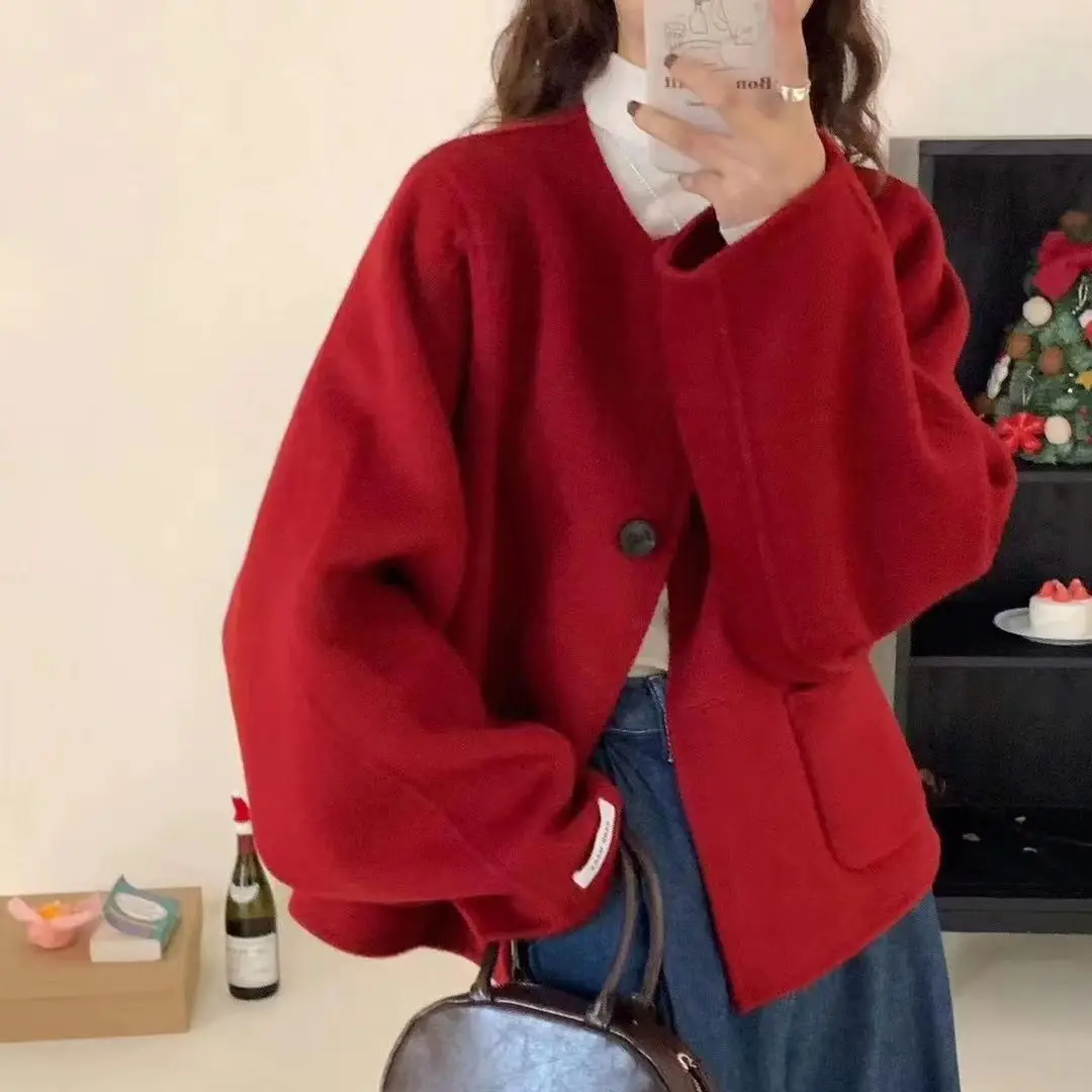 Early spring new double-sided cashmere coat women's short small round neck wool coat tide