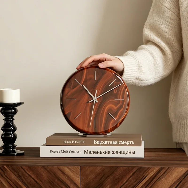 Natural Wood Color Resin Silent Desk Clock Bookshelf Ornament Modern Wood Grain Glimmer Clock Craft Interior Aesthetic Decor