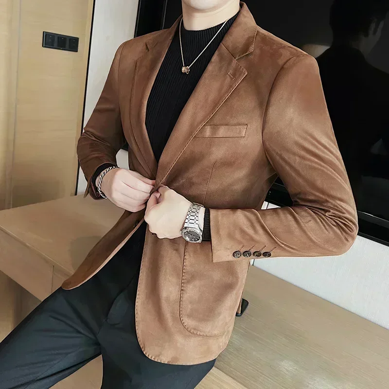 

Fashion Slim Men Blazer High-end Deerskin Velvet Thick Solid Color Suit Jacket Gray Dark Green Brown Top Autumn and Winter Coat