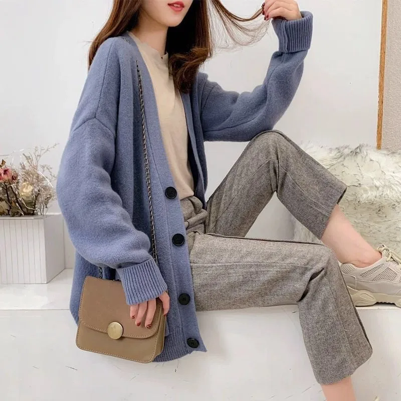 

Women Sweater Cardigan Autumn Winter New Korean Style Fashion Versatile Black Single Breasted Casual Long Sleeved Jacket Women