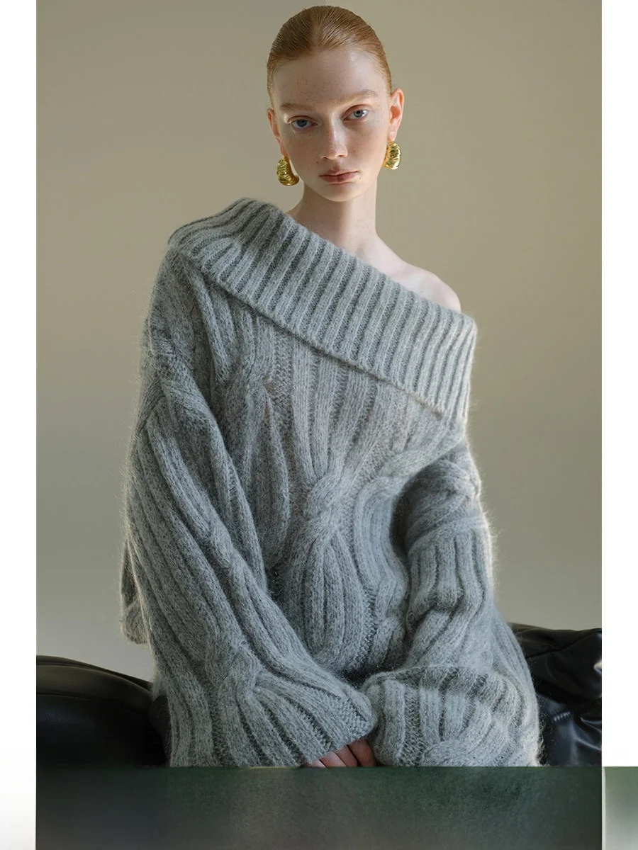 

Mogas Heavyweight Yarn Mixed Sea Wool Lazy Lantern Sve One-oulder Twist Sweater Women's Loose Fit Long Sve Knitted Top