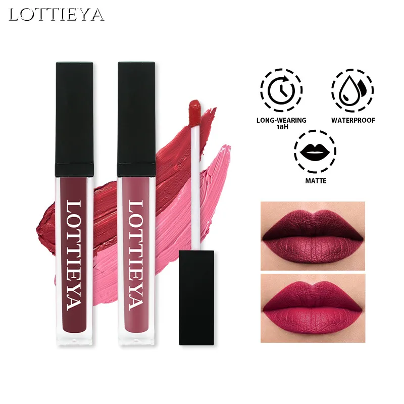 Lottieya ลิปสติกของเหลวเนื้อแมท10สีกันน้ำน้ำหนักเบากันรอยจูบติดทนนานคราบริมฝีปากเซ็กซี่ลิปกลอสเมคอัพคอสเมติก