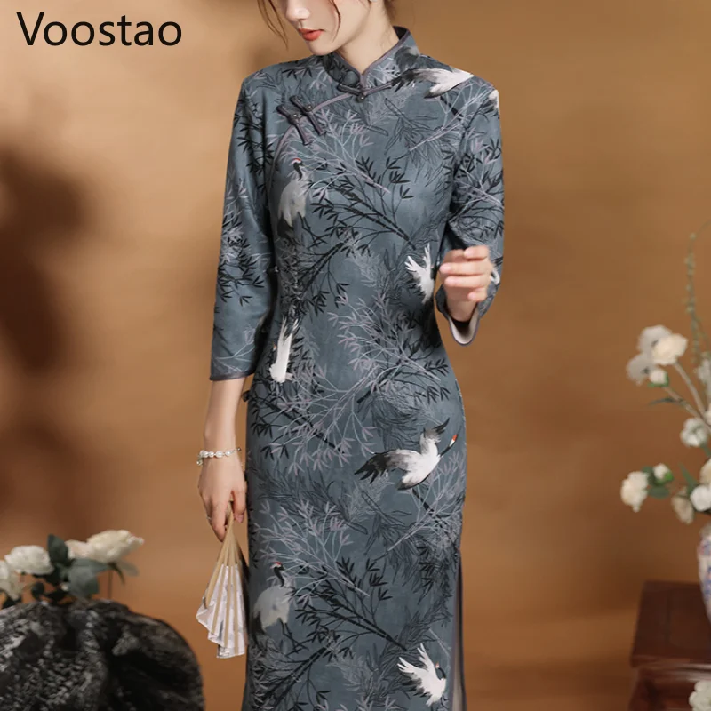 2xl chinesischer Stil Wildleder Stoff Cheong sam Kleid Vintage Frauen Herbst elegante Kran Druck Qipao Kleider Dame schlanke Qipao Vestidos