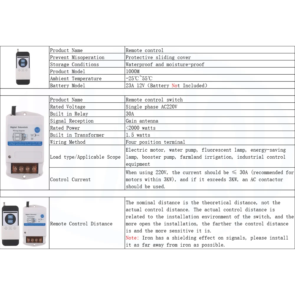 Universal Wireless Remote Control Switch 220v 30A 1000M Remote Control for Electric Gate Light water pump Receiver + Transmitter