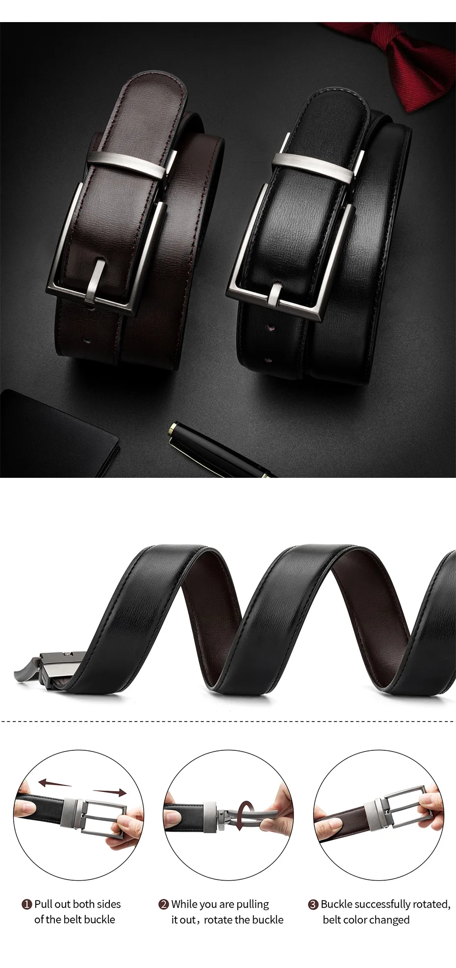 Maikun Reversible Leder Gürtel für Männer Braun Leder Gürtel Für Hosen Boss Gürtel herren Designer Taille Gürtel Kaffee – Detail 6