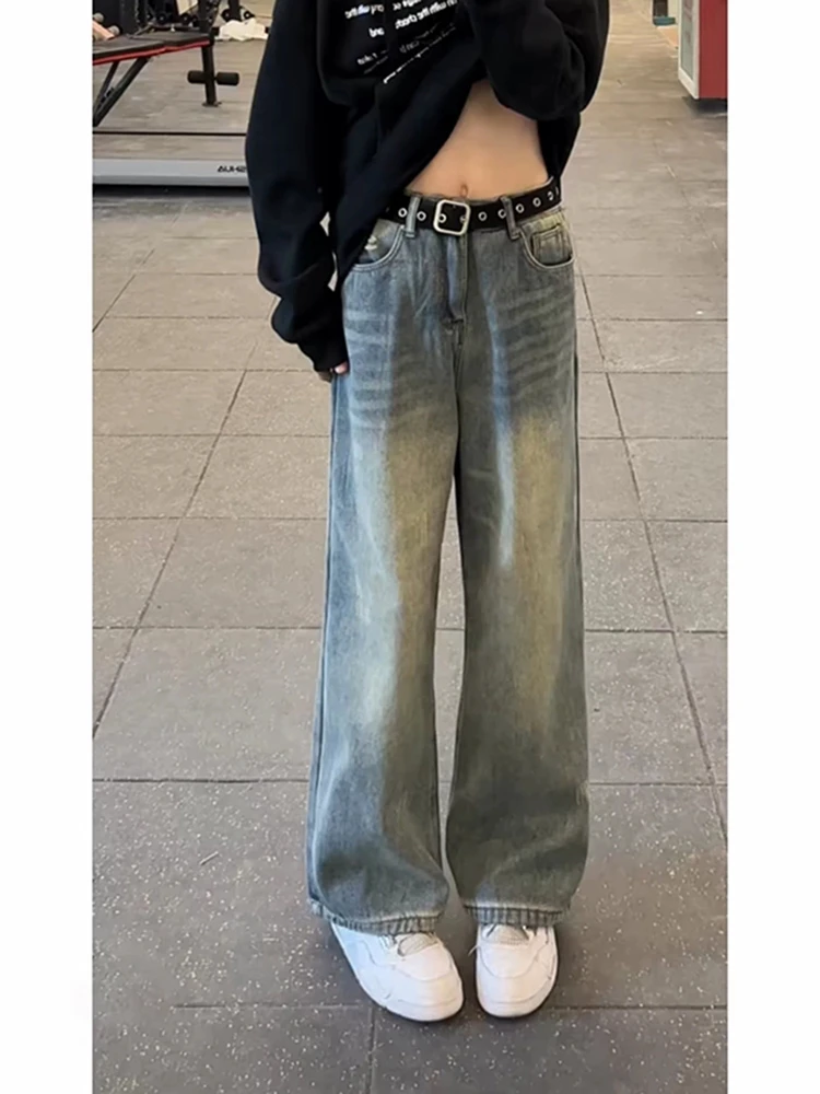 American Retro Blue Denim Jeans High Waist Lift Crotch Cleanfit Straight Leg Long Leg Wide Leg Flared Pants for Men