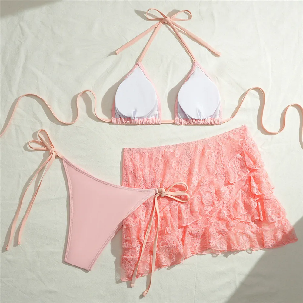 Minigonne in pizzo rosa Cover Up Costumi da bagno String Halter Triangolo 3 pezzi Bikini Set Micro Perizoma Costume da bagno sexy Donna 2026 Bikini