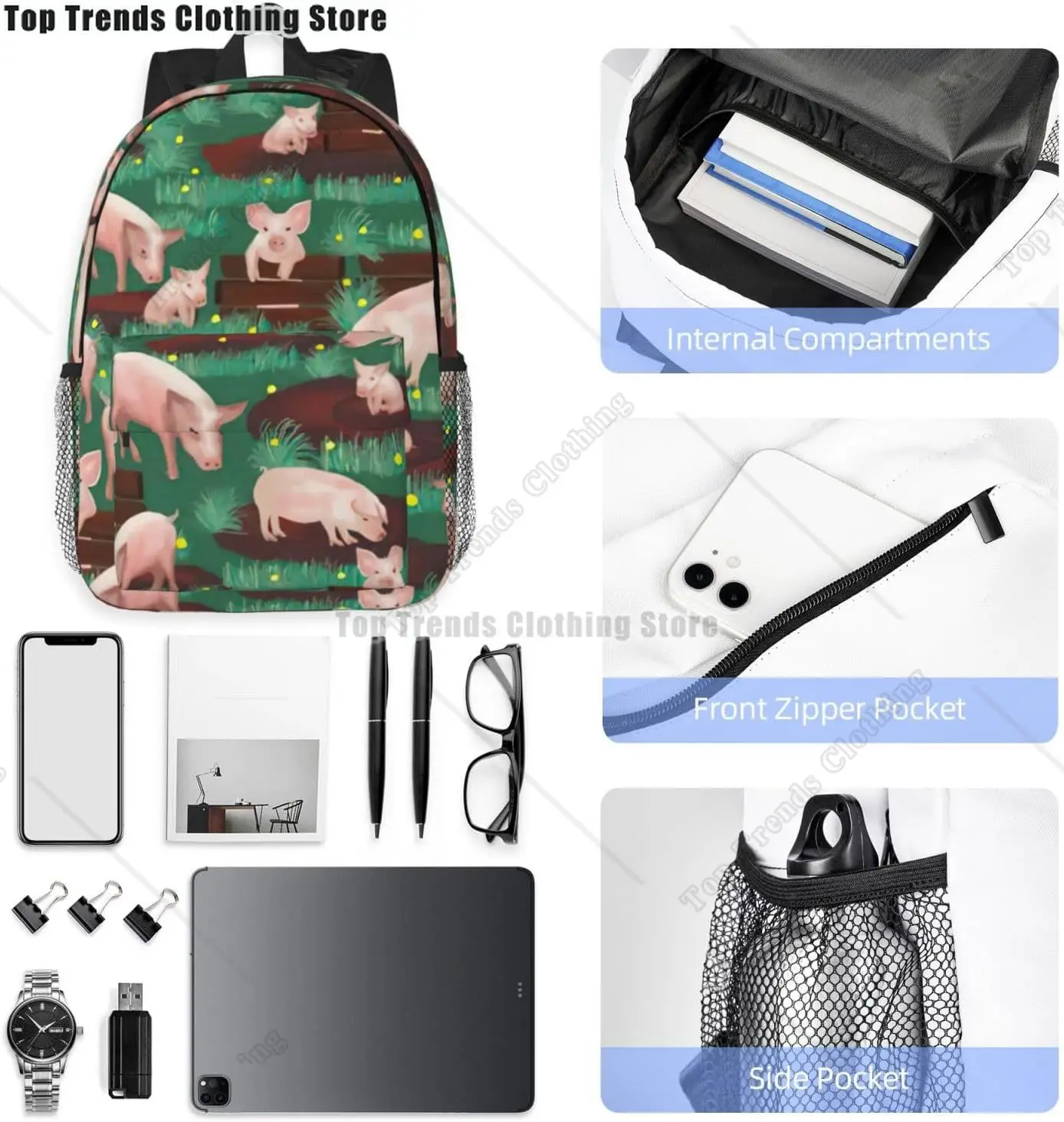 حقيبة ظهر للكبار متعددة الاستخدامات مطبوعة على المزرعة من الخنازير للعمل والمشي لمسافات طويلة وحقيبة ظهر مقاومة للماء ومقصورة الكمبيوتر المحمول
