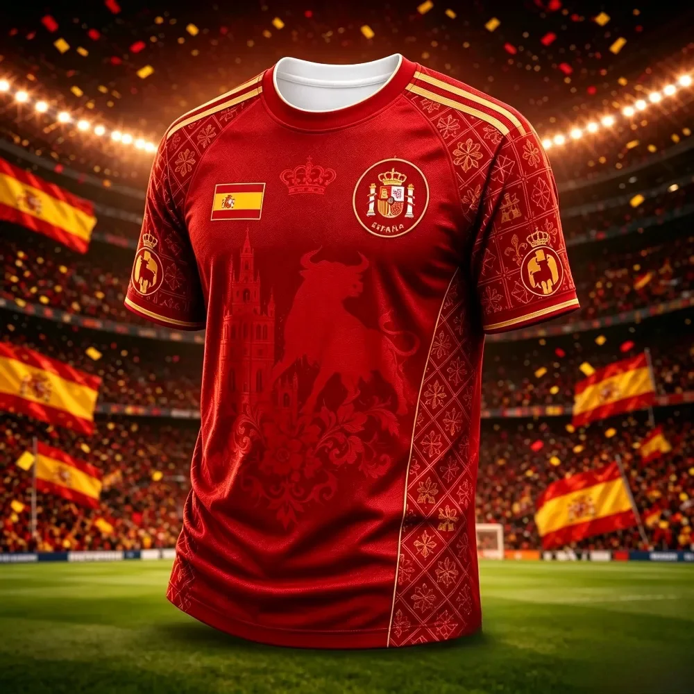 Men Spain Summer Bull Soccer Jersey, Retro Football T-shirt, Short Sleeve Breathable Training Uniform Breathable Outdoor