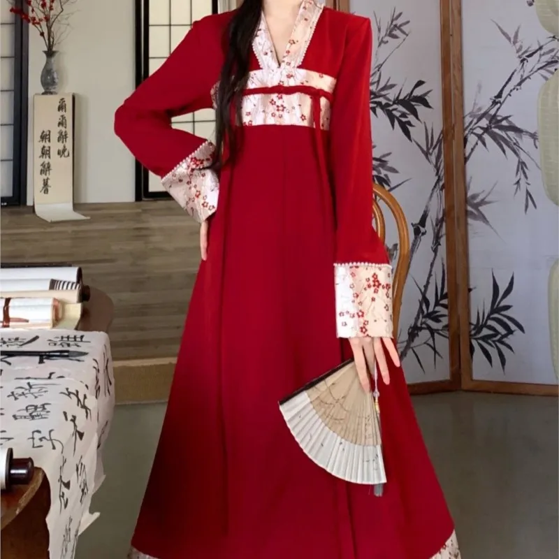 

Pregnant Women's New Chinese Red New Year Ancient Style Hanfu Dress 2025 Maternity Long Sleeve Simple Outwear V-neck Dress LI313