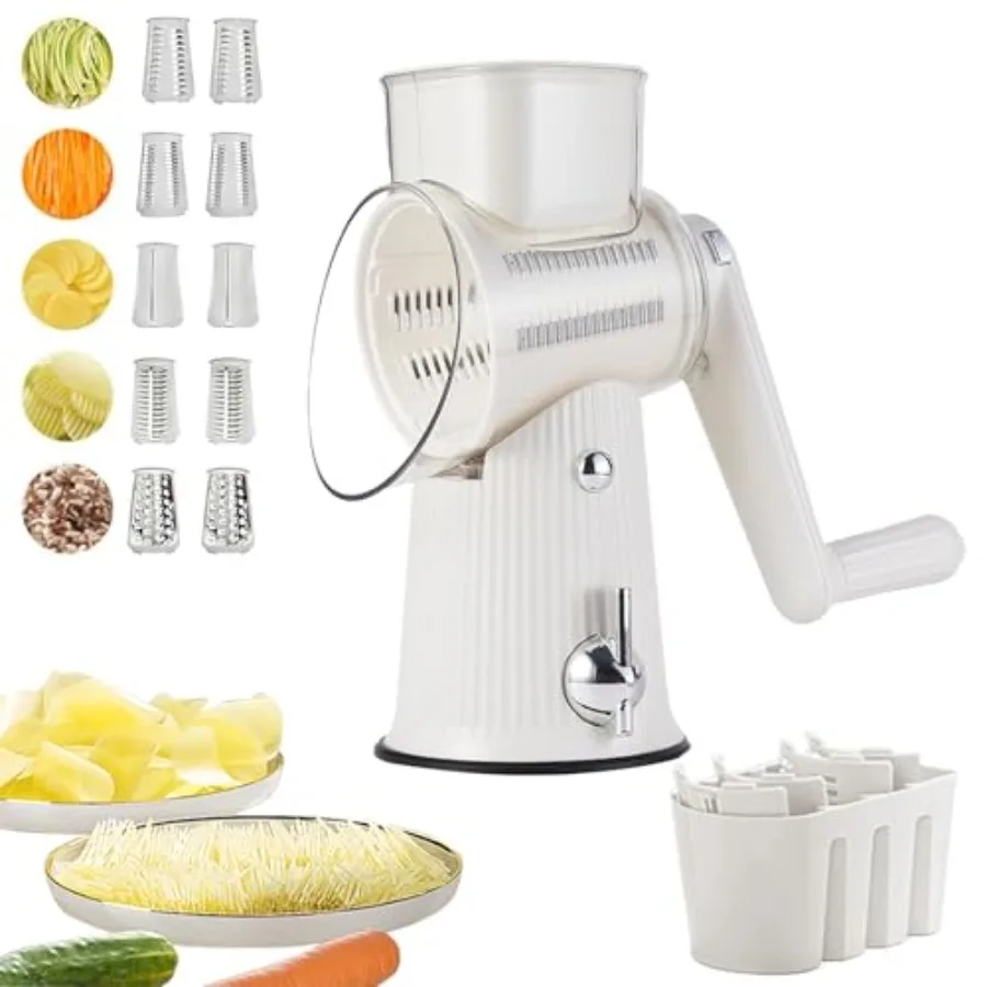 

5 in 1 Rotary Cheese Grater Hand Crank Cheese Vegetable Slicer Stainless Steel Silver Easy to Clean Kitchen Gadgets with Storag