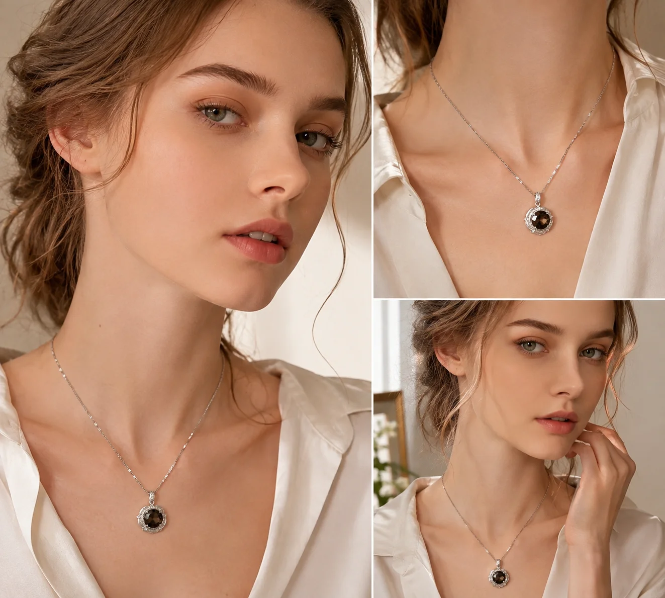 ITSMOS Natural Smoky Quartz Pendant Necklace Art Deco Brown Halo Pendant with Pavé Bail Antique Style Fine Jewelry for Women view 4