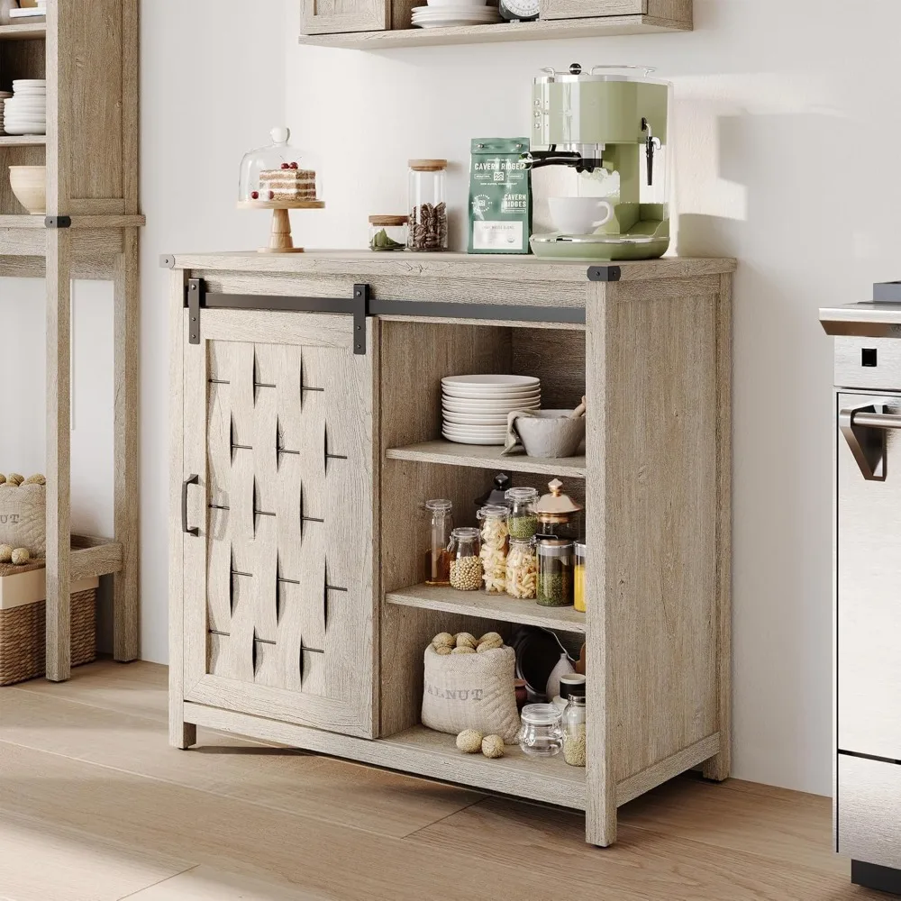 

Kitchen Sideboard Buffet Cabinet, Coffee Bar Cabinet with Storage, Farmhouse Storage Cabinet with Sliding Barn Door and Ad