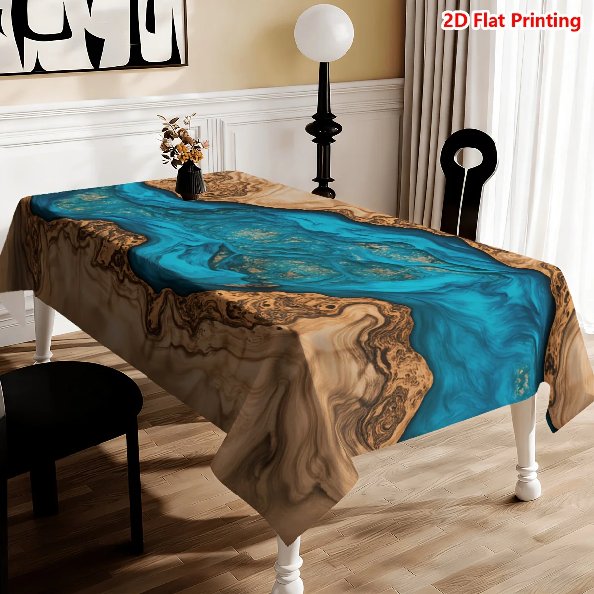 A tablecloth featuring an abstract design with wood and river patterns.zyc