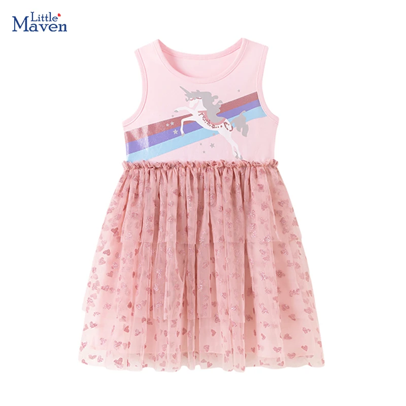 Little Maven 2026 Sommer Neues Kleid Kinderkleidung Baby Mädchen Cartoon Einhorn Prinzessin Kinderbekleidung Mesh-Kleider 2-7 Jahre