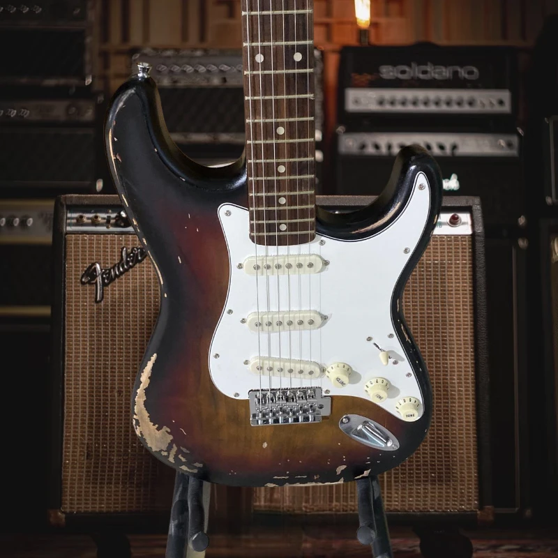 E-Gitarre, kostenlose Lieferung, brauner Vintage STS 6-saitiger Korpus aus Erlenholz, Palisanderhals