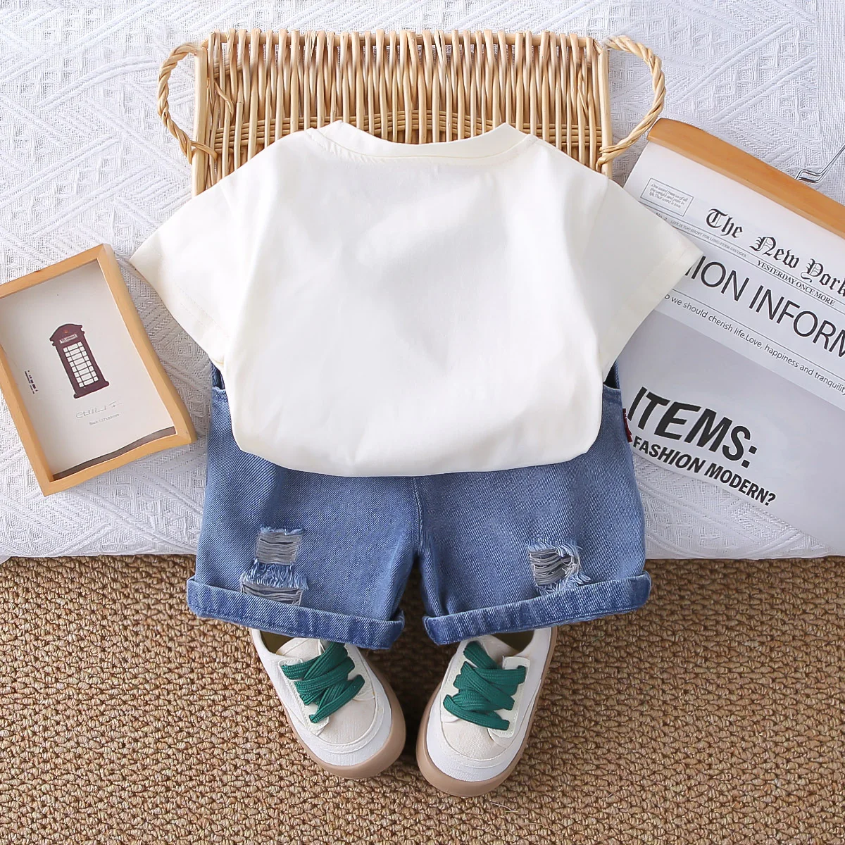 Toddler Baby Boys 2Pcs Summer Outfit 3D Plush Bear Rainbow Print T Shirt Ripped Roll Cuff Denim Shorts Daily Clothes Set