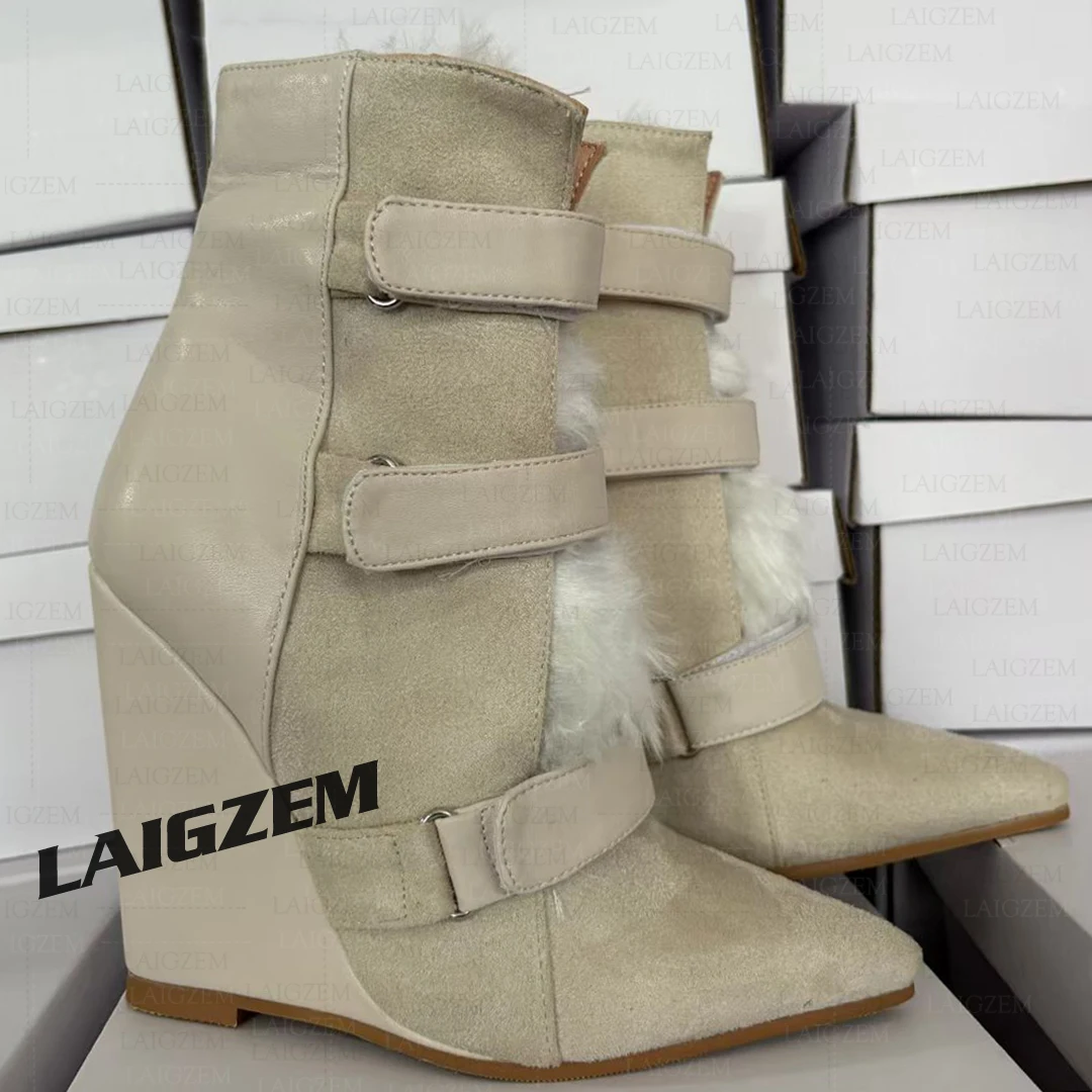 

LAIGZEM Women Ankle Boots Wedges Pointed Toe Faux Fur Patchwork Short Booties Handmade Ladies Shoes Woman Big Size 38 45 47