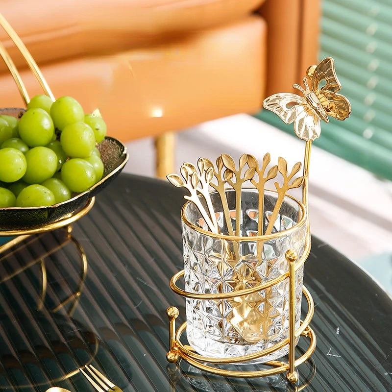 

Online celebrity fork spoon golden leaves fruit fork storage tank dessert creative home cute cake fork