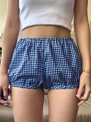 Short de pyjama à carreaux bleu pour femme, culotte bouffante coréenne décontractée, short de nuit d'été, taille basse