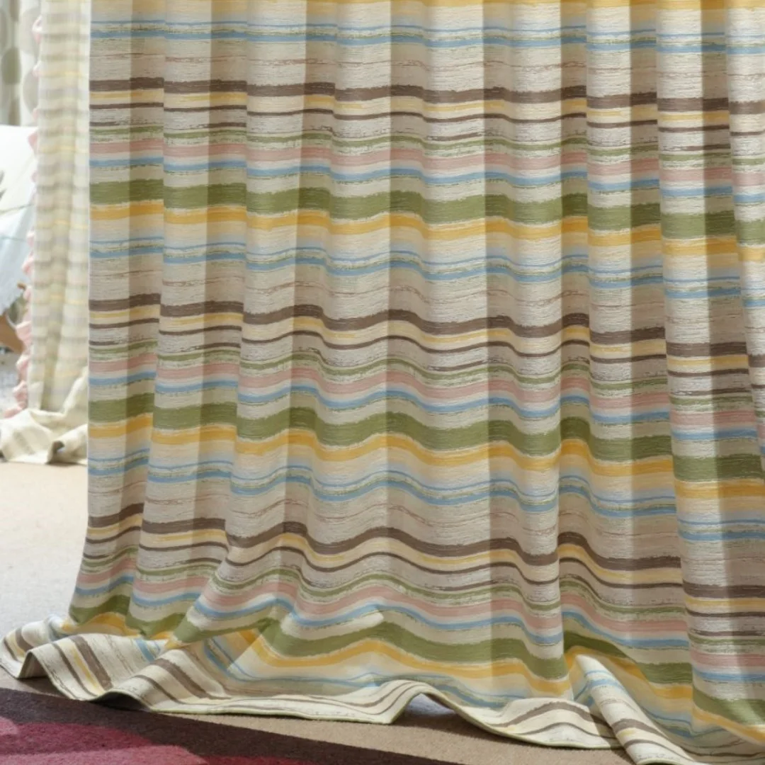 Pastel Multicolor Stripe Textured Linen Curtain Boho Farmhouse Window Curtain For Living Room