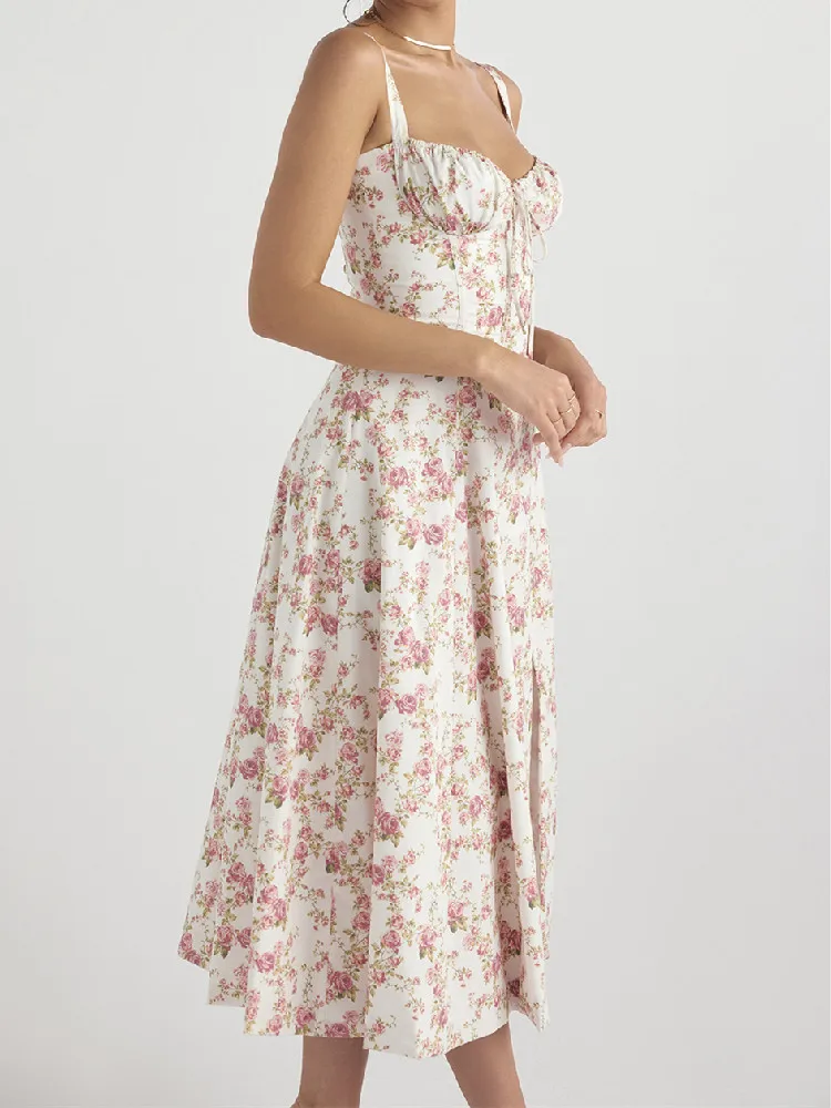 Vestido de tirantes con estampado de flores en la espalda, vestido Sexy con lazo plisado, fruncido, dobladillo en el pecho, bata Midi oscilante