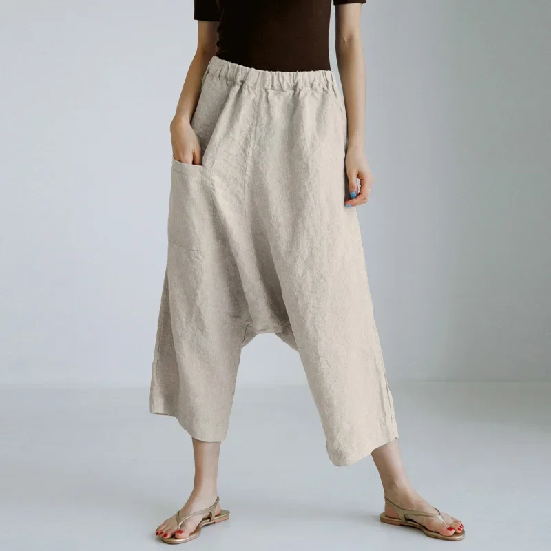 Chic Women Summer Linen Cotton Casual Vintage Wide-leg Pants New Fashion Elastic Wais Pocket Loose Ankle-length Pantalons