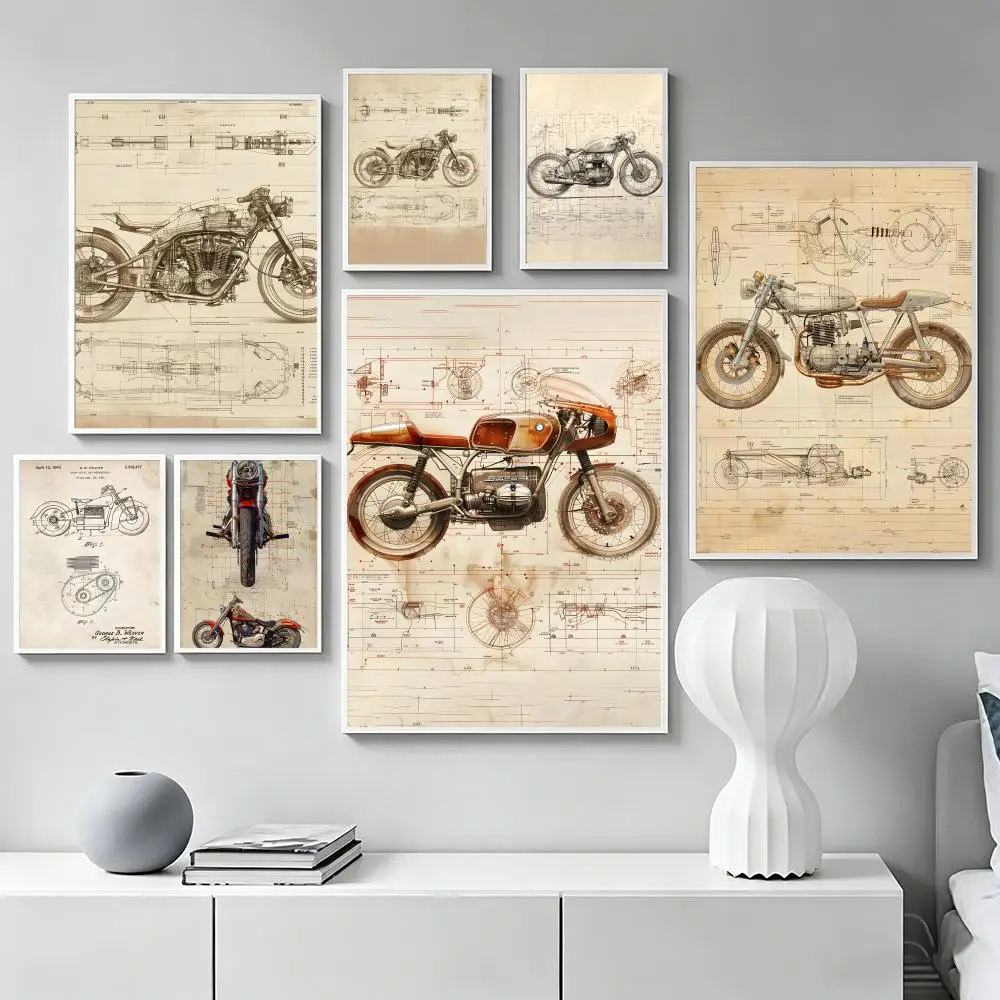R-Retro Motorcycle Mechanical Structure Map Poster Premium Art Wall Decor, Simple Ornament for Living and Leisure Areas
