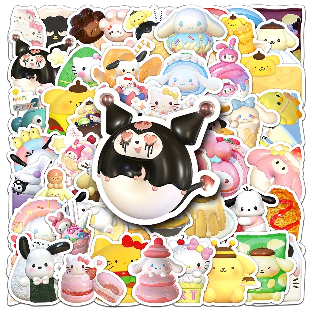 10/30/50pcs Cute Funny Food Sanrio Cartoon Stickers 3D Hello Kitty Kuromi My Melody Anime Decals Kawaii Kids Sticker Toys