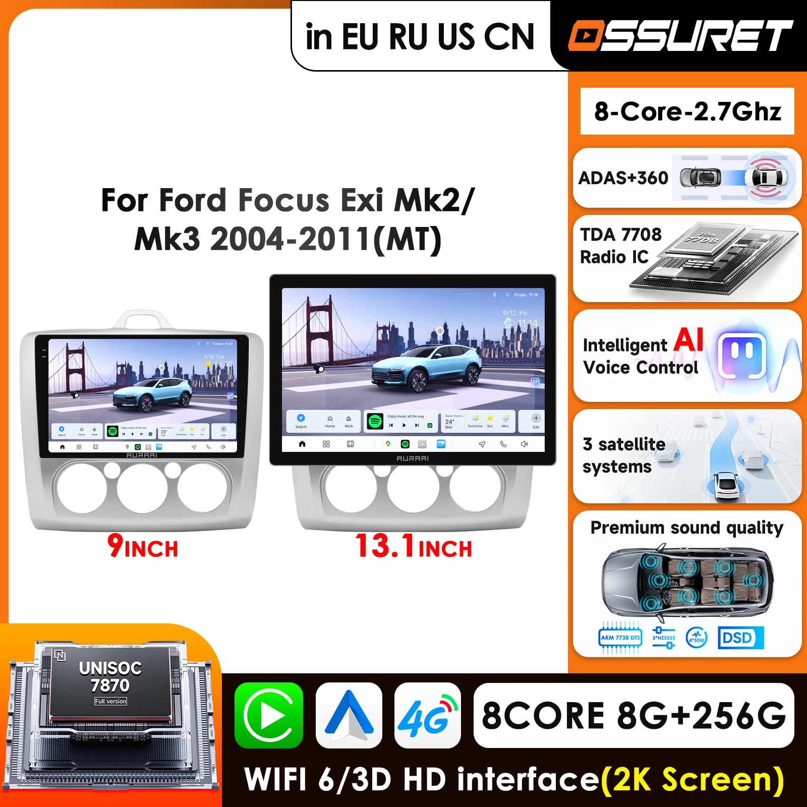 

13.1'' 4G-LTE Carplay Car Radio for Ford Focus 3 Mk3 2004 - 2011 Manual Air condition Multimedia Video Player GPS 2K 3D Screen