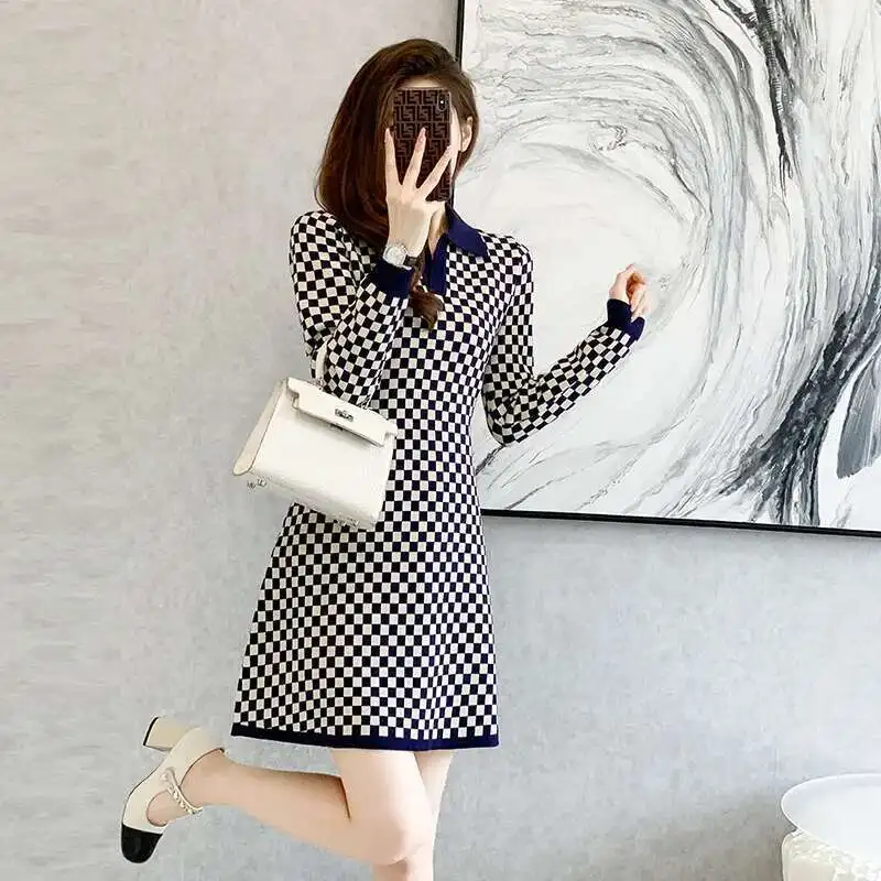 #0959 Spring Autumn Plaid Knitted Dress Women Polo Collar Office A-line Sweater Dress Sexy Office Short Dress Female High Waist