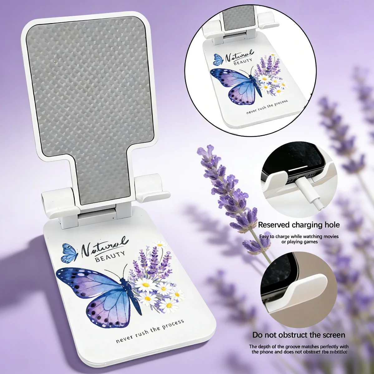 

1 шт., регулируемая по высоте и углу наклона подставка для мобильного телефона в форме лавандовой бабочки, портативная складная подставка для телефонов и планшетов