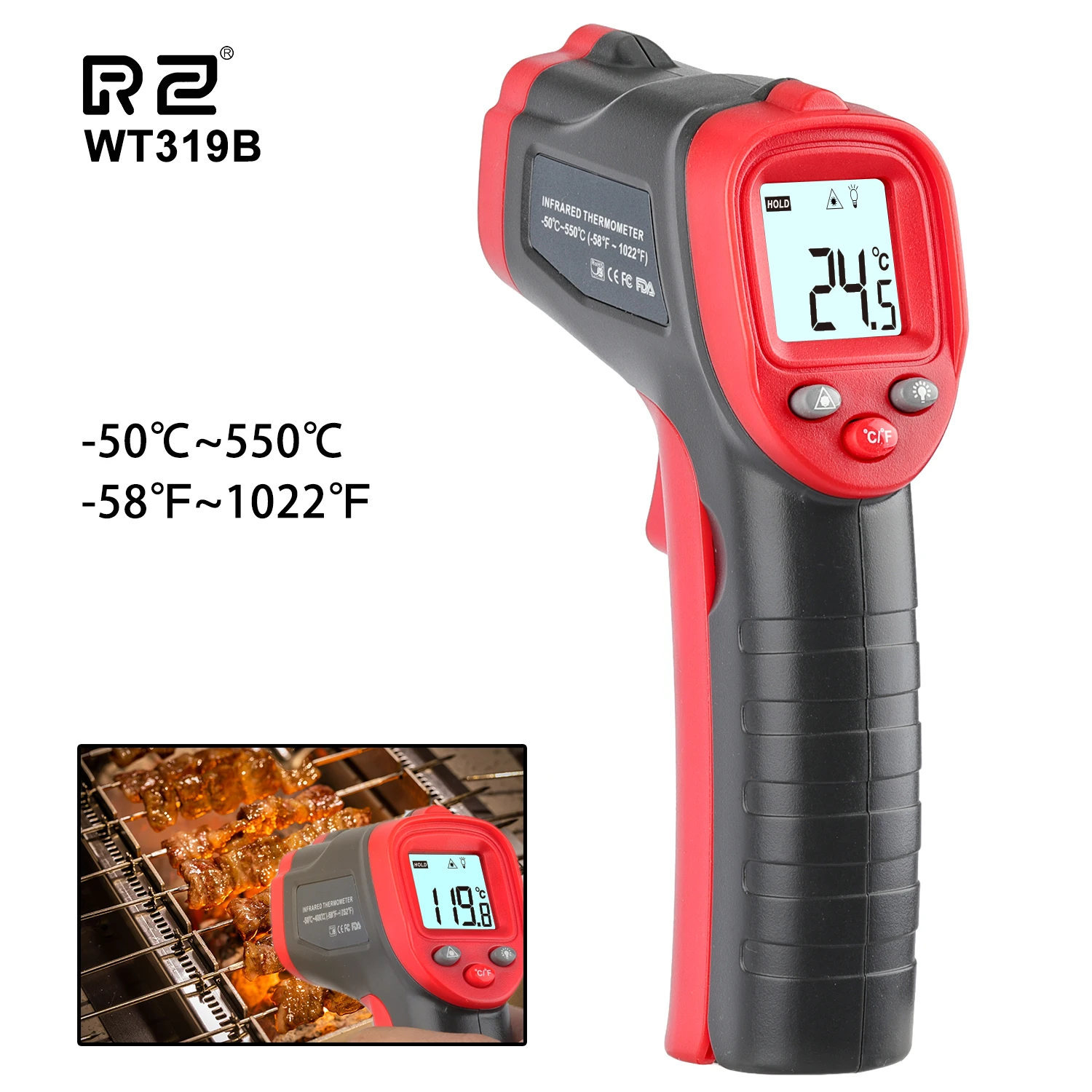 RZ Infrared Thermometer Non-Contact Digital Laser Temperature Gun -50℃ ~ 600℃ Cooking Food Thermometer for Oil Deep Fry BBQ