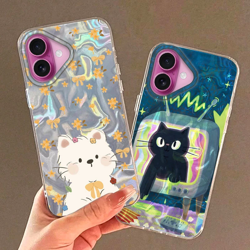 Blume süße schwarze Katze Fisch Tier Handyhülle für iPhone 16 15 14 13 12 Pro Max Plus 11 16E 7 8 SE 2020 2022 X XS XR Soft Cover
