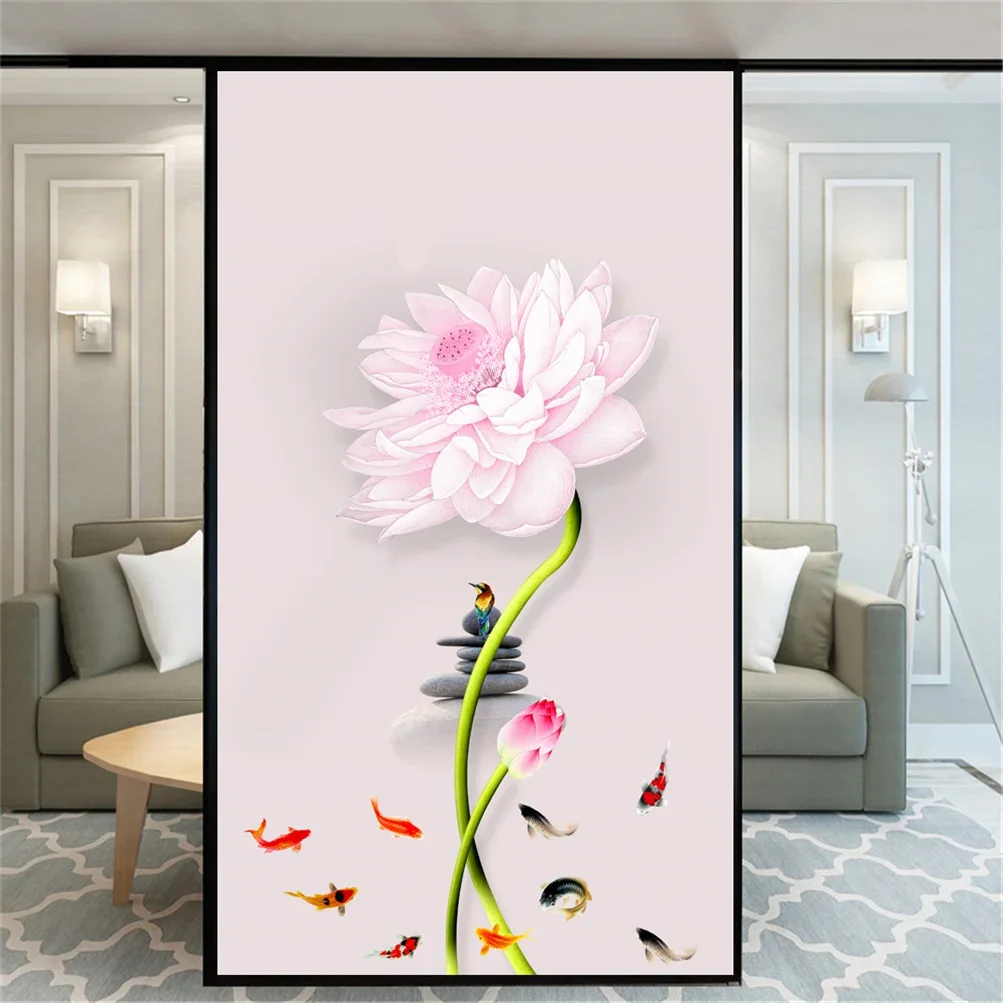 Static Cling Privacy Windows Film Decorative Lotus Pond Stained Glass Window Stickers Frosted Window Tint Film