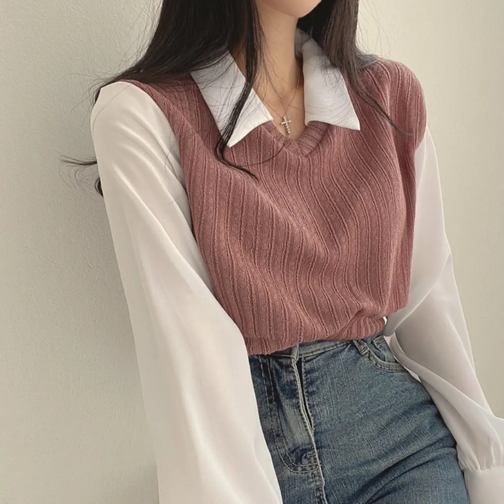 

Women's Chic French Retro Knitted Puff Sleeve Top Fake Two-Piece Stitching Short Shirt Autumn Fashion Open Cardigan