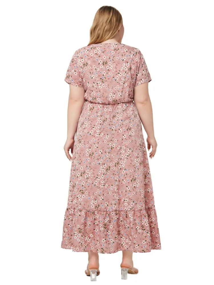 Tamanho grande vestido longo para as mulheres, estampa floral, solto, plissado, plissado, manga curta, moda, verão