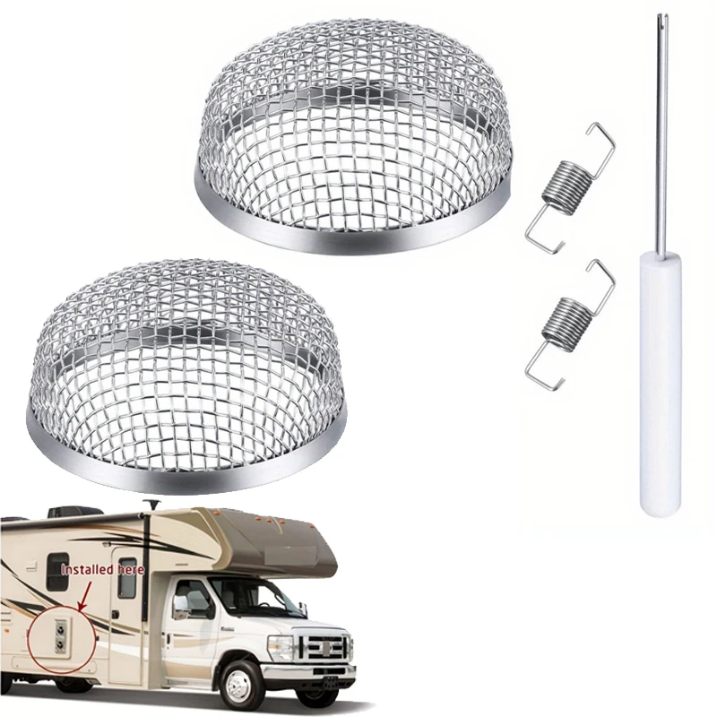 

2 шт. сетка от насекомых для автофургона, печи и водонагревателя, сетчатая крышка из нержавеющей стали с пружинами и инструментами для установки