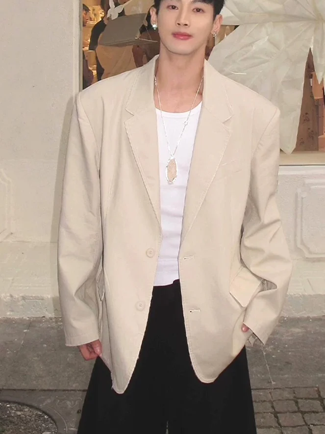 

Korean Style Luxury Khaki Shoulder Pad Men's Suit American Casual Brand Thin Outerwear Fashionable Urban Standard Fit Long Sl...