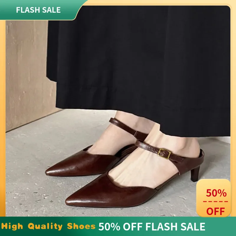 Women Genuine Leather Pointed Toe Slingback Sandals Ankle Buckle Thin Mid Heel TPR Sole Breathable Summer Daily Office ShoesF185