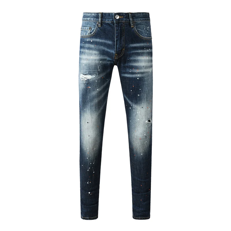 Street Fashion Men's Jeans with Graffiti Perforation Patch Elastic Slimming Version Wave Pattern Blue Designer Hip Hop Back Pant