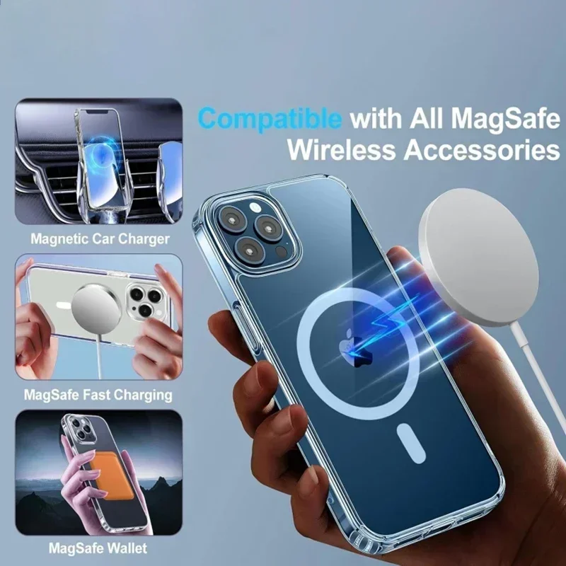 حافظة شفافة فاخرة لهاتف آيفون 16 15 14 13 12 برو ماكس 16 بلس 15 بلس 14 بلس متوافقة مع حافظات هواتف السيارة المغناطيسية MagSafe