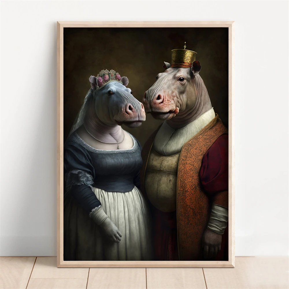 Aristocratic Hippo Couple Renaissance Portrait Prints Funny Animal Art Poster Highland Cow Couple Renaissance Portrait Canvas
