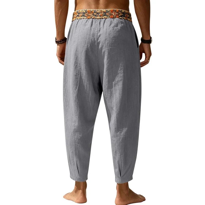 Herren 95% Leinen Haremshose Boho Blumenmuster Kordelzug Taille Lässige Weite Hose Strand Urlaub Knöchellange Hose – Detail 32