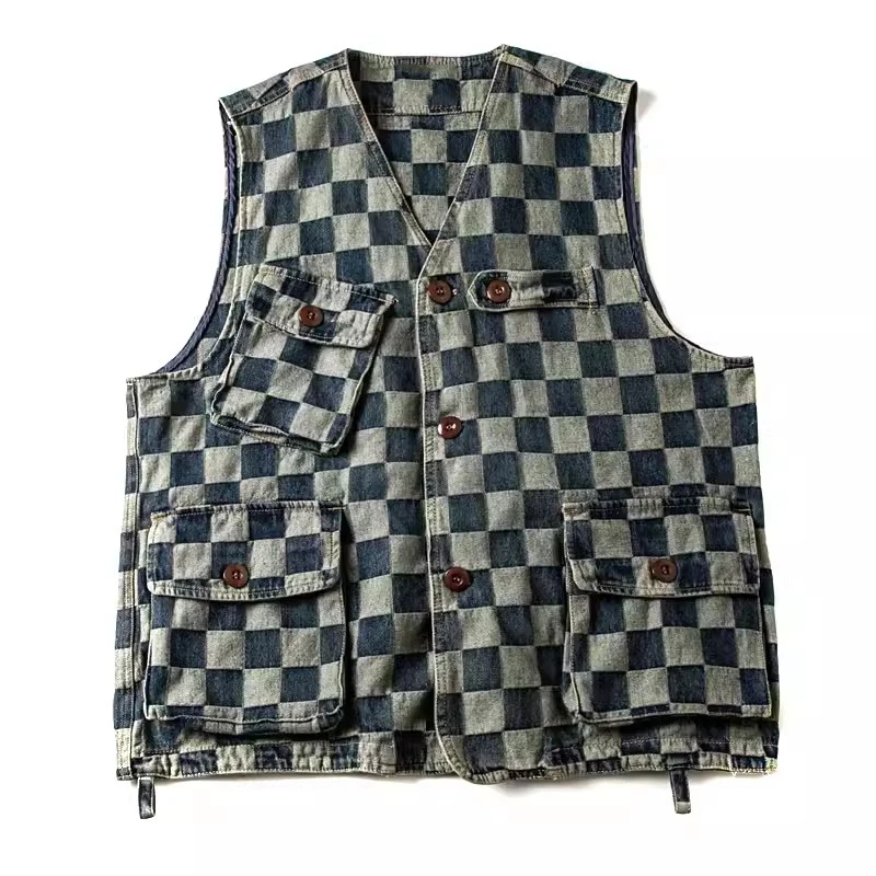 

Men Vests Men's Summer Vintage Multi-pocket Sleeveless Vest Mens Casual Cotton Plaid Vests Safari Style Vest Coat Waistcoat Male