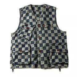 Men Vests Men's Summer Vintage Multi-pocket Sleeveless Vest Mens Casual Cotton Plaid Vests Safari Style Vest Coat Waistcoat Male