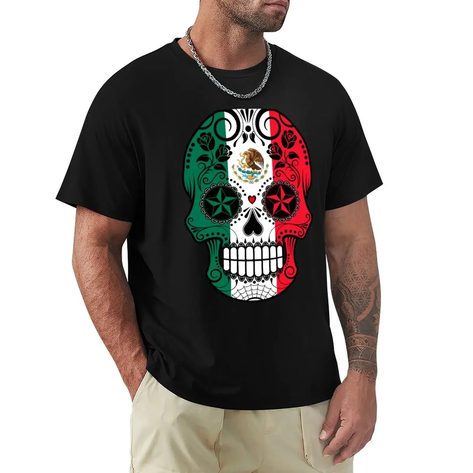 Sugar Skull with Roses and Flag of Mexico T-Shirt sports fans boys animal print men clothing