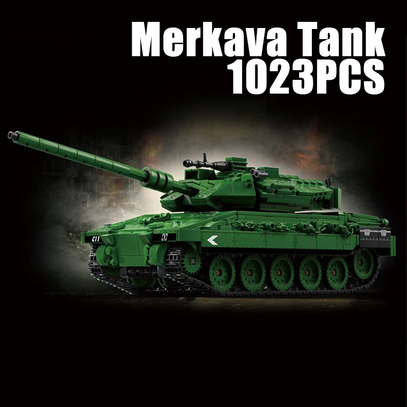 

1023 шт., основные боевые танки Merkava, сборочные блоки, игрушки в стиле милитари, 360 ° Вращают турель, бронеавтомобиль, строительные кирпичи для подарков