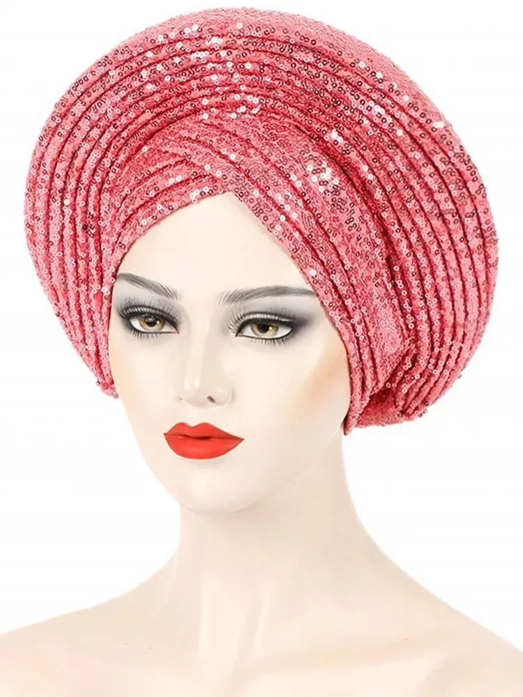 Готовый африканский авто геле, повязка на голову с блестками, женская шапка-тюрбан, нигерийская свадебная гелевая мусульманская повязка на голову, капот, Turbante Mujer 2024