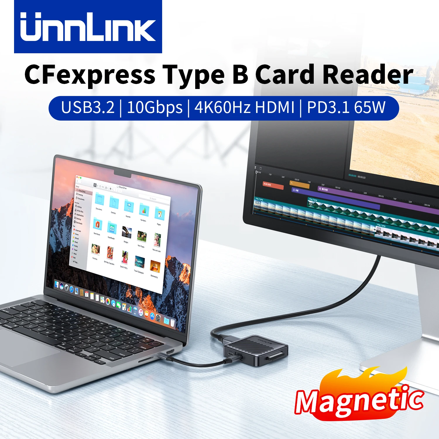 

Устройство чтения карт Unnlink CFexpress Type B с USB 3.2 (Gen 2) 10 Гбит/с, магнитная док-станция USB C с HDMI 4K60 Гц, 65 Вт PD 3.0